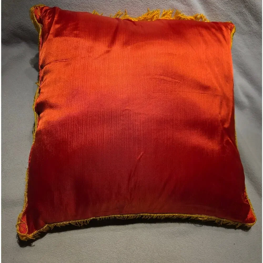 Asian Decor Embroidered Pillow Red Embroidered Tiger Fringe Silk Gold